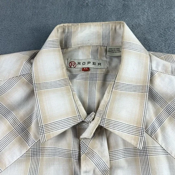 Roper Men's XL Western Pearl Snap Beige Plaid Long Sleeve Shirt Silver Threads - Picture 4 of 10